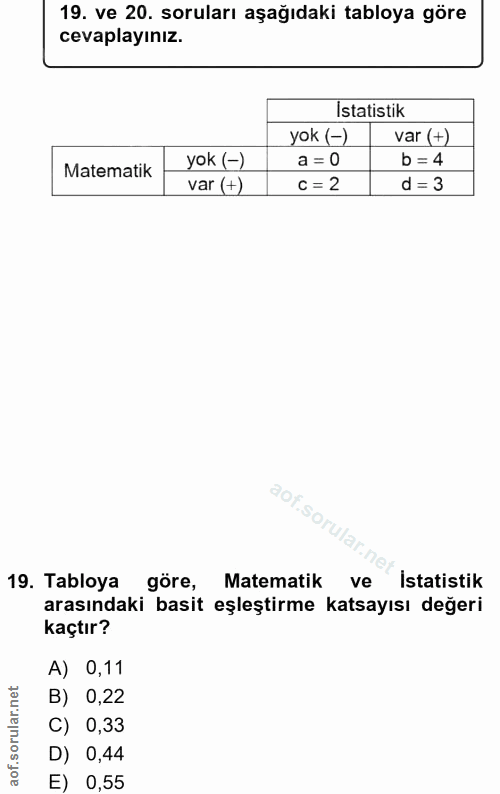 19. soru: ve 20. soruları aşağıdaki tabloya göre cevaplayınız. Istatistik yok (→) var (+) Matematik yok (→) a = 0 b = 4 var (+)…