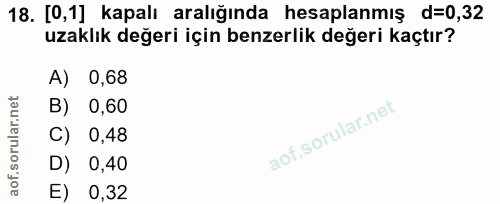 18. soru: [0,1] kapalı aralığında hesaplanmış d=0,32 uzaklık değeri için benzerlik değeri kaçtır? A) 0,68 B) 0,60 C) 0,48 D) 0,…