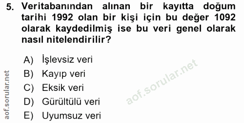 5. soru: Veritabanından alınan bir kayıtta doğum tarihi 1992 olan bir kişi için bu değer 1092 olarak kaydedilmiş ise bu veri g…