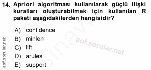 14. soru: Apriori algoritması kullanılarak güçlü ilişki kuralları oluşturabilmek için kullanılan R paketi aşağıdakilerden hangi…