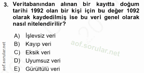 3. soru: Veritabanından alınan bir kayıtta doğum tarihi 1992 olan bir kişi için bu değer 1092 olarak kaydedilmiş ise bu veri g…