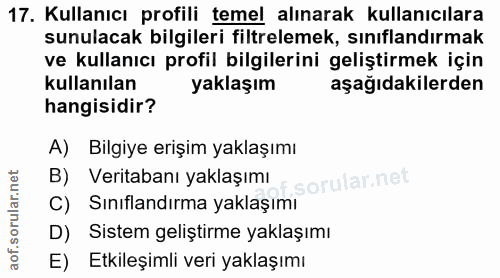 17. soru: Kullanıcı profili temel alınarak kullanıcılara sunulacak bilgileri filtrelemek, sınıflandırmak ve kullanıcı profil bi…