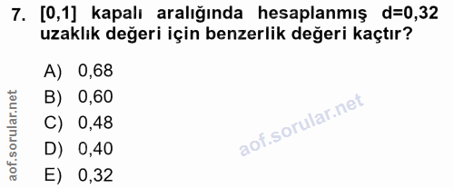 7. soru: [0,1] kapalı aralığında hesaplanmış d=0,32 uzaklık değeri için benzerlik değeri kaçtır? A) 0,68 B) 0,60 C) 0,48 D) 0,…