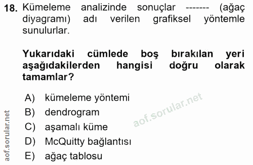 18. soru: Kümeleme analizinde sonuçlar (ağaç diyagramı) adı verilen grafiksel yöntemle sunulurlar. Yukarıdaki cümlede boş bırak…