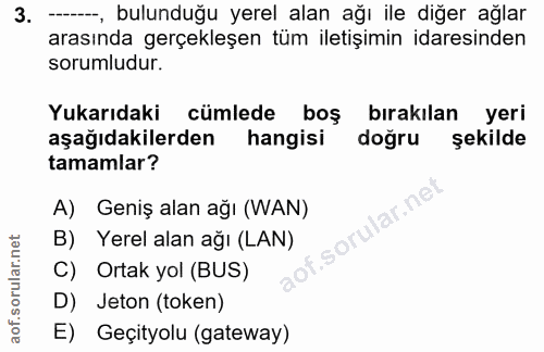 3. soru: --, bulunduğu yerel alan ağı ile diğer ağlar arasında gerçekleşen tüm iletişimin idaresinden sorumludur. Yukarıdaki c…