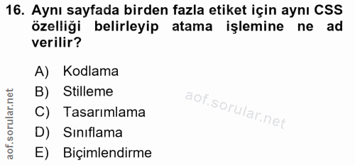 16. soru: Aynı sayfada birden fazla etiket için aynı CSS özelliği belirleyip atama işlemine ne ad verilir? A) Kodlama B) Stille…