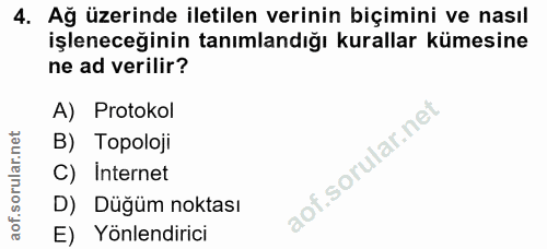 4. soru: Ağ üzerinde iletilen verinin biçimini ve nasıl işleneceğinin tanımlandığı kurallar kümesine ne ad verilir? A) Protoko…