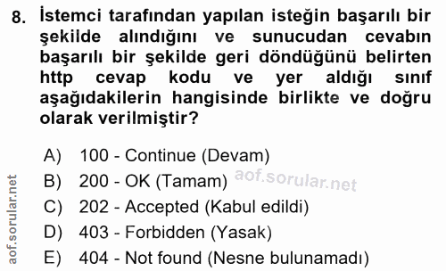 8. soru: İstemci tarafından yapılan isteğin başarılı bir şekilde alındığını ve sunucudan cevabin başarılı bir şekilde geri dön…