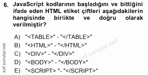 6. soru: JavaScript kodlarının başladığını ve bittiğini ifade eden HTML etiket çiftleri aşağıdakilerin hangisinde birlikte ve…
