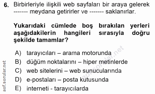 6. soru: Birbirleriyle ilişkili web sayfaları bir araya gelerek ---- meydana getirirler ve ----- -- saklanırlar. Yukarıdaki cü…