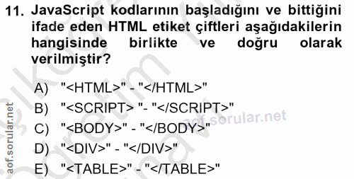 11. soru: JavaScript kodlarının başladığını ve bittiğini ifade eden HTML etiket çiftleri aşağıdakilerin hangisinde birlikte ve…