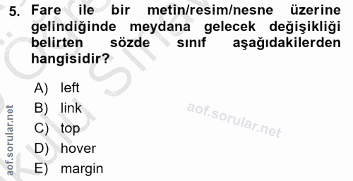 5. soru: Fare ile bir metin/resim/nesne üzerine gelindiğinde meydana gelecek değişikliği belirten sözde sinif aşağıdakilerden…
