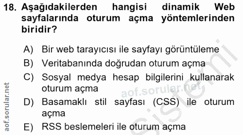 18. soru: Aşağıdakilerden hangisi dinamik Web sayfalarında oturum açma yöntemlerinden biridir? A) Bir web tarayıcısı ile sayfay…