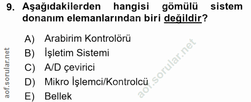 9. soru: Aşağıdakilerden hangisi gömülü sistem donanım elemanlarından biri değildir? A) Arabirim Kontrolörü B) İşletim Sistemi…