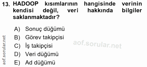 13. soru: HADOOP kısımlarının hangisinde verinin kendisi değil, veri hakkında bilgiler saklanmaktadır? A) Sonuç düğümü B) Görev…