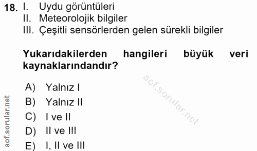 18. soru: 1. Uydu görüntüleri Il. Meteorolojik bilgiler III. Çeşitli sensörlerden gelen sürekli bilgiler Yukarıdakilerden hangi…