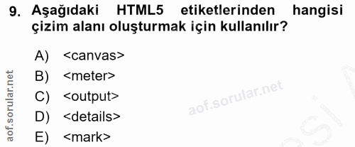 9. soru: Aşağıdaki HTML5 etiketlerinden hangisi çizim alanı oluşturmak için kullanılır? <canvas> B) <meter> C) <output> D) < d…