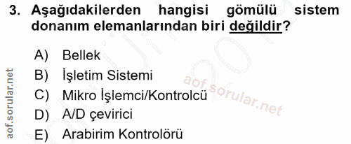 3. soru: Aşağıdakilerden hangisi gömülü sistem donanım elemanlarından biri değildir? A) Bellek C) Mikro İşlemci/Kontrolcü Orul…