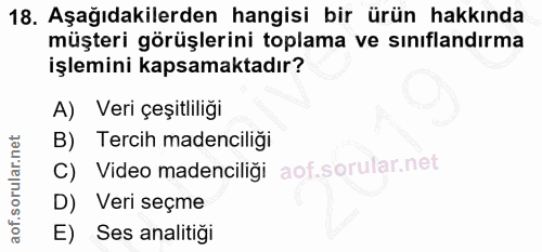 18. soru: Aşağıdakilerden hangisi bir ürün hakkında müşteri görüşlerini toplama ve sınıflandırma işlemini kapsamaktadır? A) Ver…