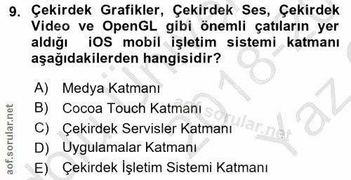 9. soru: Çekirdek Grafikler, Çekirdek Ses, Çekirdek Video ve OpenGL gibi önemli çatıların yer aldığı iOS mobil işletim sistemi…