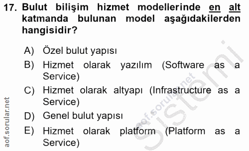 17. soru: Bulut bilişim hizmet modellerinde en alt katmanda bulunan model aşağıdakilerden hangisidir? A) Özel bulut yapısı B) H…
