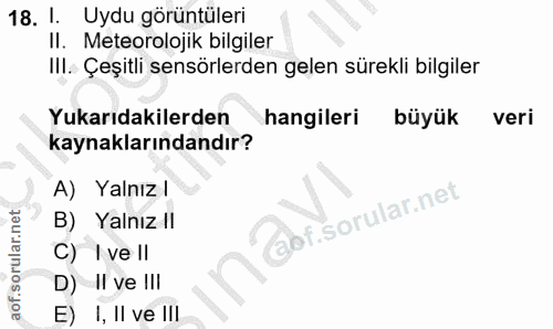 18. soru: l. Uydu görüntüleri Il. Meteorolojik bilgiler III. Çeşitli sensörlerden gelen sürekli bilgiler Yukarıdakilerden hangi…
