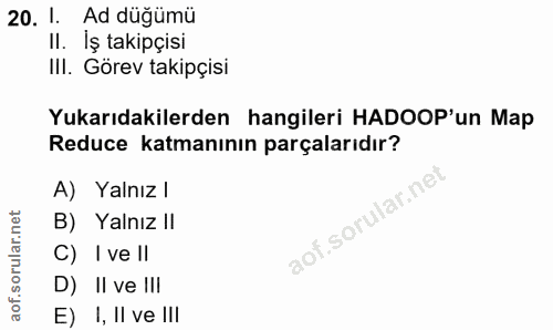 20. soru: 1. Ad düğümü Il. İş takipçisi IlI. Görev takipçisi Yukarıdakilerden hangileri HADOOP'un Map Reduce katmanının parçala…