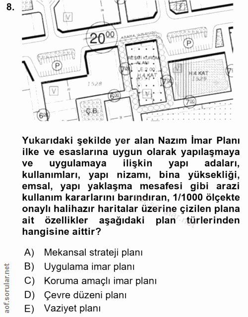 8. soru: 20°° 1528 Yukarıdaki şekilde yer alan Nazım İmar Planı ilke ve esaslarına uygun olarak yapılaşmaya ve uygulamaya iliş…