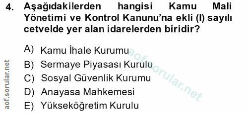 4. soru: Aşağıdakilerden hangisi Kamu Mall Yönetimi ve Kontrol Kanunu'na ekli (I) sayılı cetvelde yer alan idarelerden biridir…