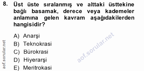 8. soru: Üst üste sıralanmış ve alttaki üsttekine bağlı basamak, derece veya kademeler anlamına gelen kavram aşağıdakilerden h…