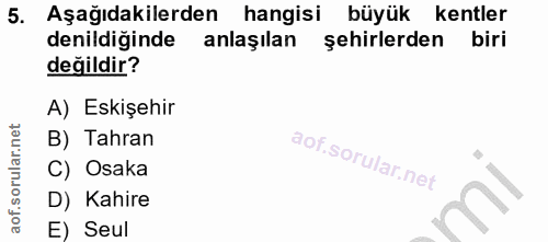5. soru: Aşağıdakilerden hangisi büyük kentler denildiğinde anlaşılan şehirlerden biri değildir? A) Eskişehir B) Tahran C) Osa…