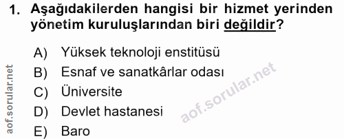1. soru: Aşağıdakilerden hangisi bir hizmet yerinden yönetim kuruluşlarından biri değildir? A) Yüksek teknoloji enstitüsü B) E…