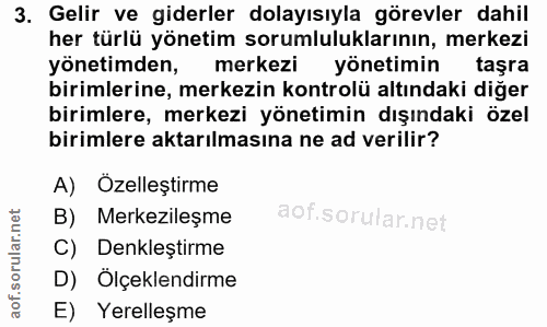 3. soru: Gelir ve giderler dolayısıyla görevler dahil her türlü yönetim sorumluluklarının, merkezi yönetimden, merkezi yönetim…