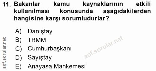 11. soru: Bakanlar kamu kaynaklarının etkili kullanılması konusunda aşağıdakilerden hangisine karşı sorumludurlar? A) Danıştay…