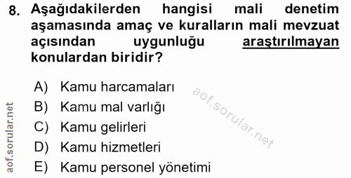 8. soru: Aşağıdakilerden hangisi mali denetim aşamasında amaç ve kuralların mali mevzuat açısından uygunluğu araştırılmayan ko…