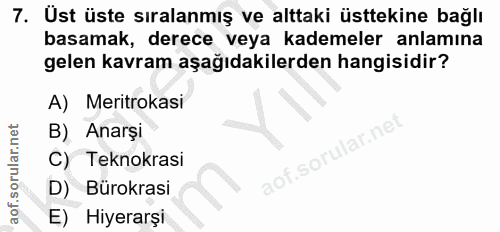 7. soru: Ust üste sıralanmış ve alttaki üsttekine bağlı basamak, derece veya kademeler anlamına gelen kavram aşağıdakilerden h…