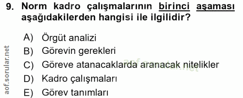 9. soru: Norm kadro çalışmalarının birinci asaması aşağıdakilerden hangisi ile ilgilidir? A) Örgüt analizi B) Görevin gerekler…