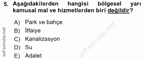 5. soru: Aşağıdakilerden hangisi bölgesel yarı kamusal mal ve hizmetlerden biri değildir? A) Park ve bahçe B) Itfaiye C) Kanal…