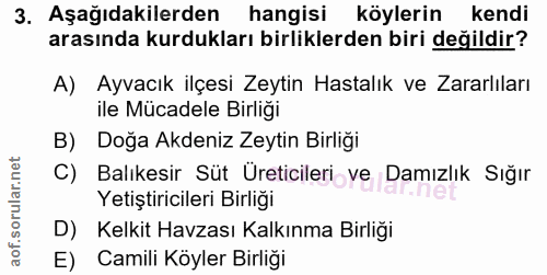 3. soru: Aşağıdakilerden hangisi köylerin kendi arasında kurdukları birliklerden biri değildir? A) Ayvacık ilçesi Zeytin Hasta…
