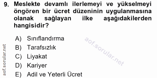 9. soru: Meslekte devamlı ilerlemeyi ve yükselmeyi öngören bir ücret düzeninin uygulanmasına olanak sağlayan ilke aşağıdakiler…