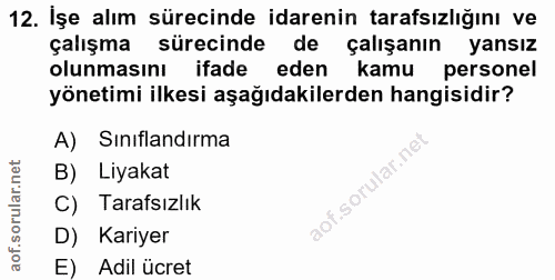 12. soru: İşe alım sürecinde idarenin tarafsızlığını ve çalışma sürecinde de çalışanın yansız olunmasını ifade eden kamu person…