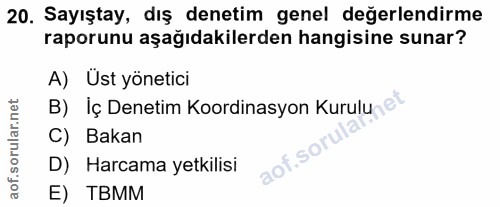 20. soru: Sayıştay, dış denetim genel değerlendirme raporunu aşağıdakilerden hangisine sunar? A) Üst yönetici B) Iç Denetim Koo…