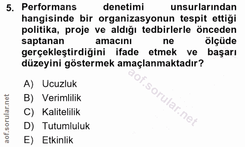 5. soru: Performans denetimi unsurlarından hangisinde bir organizasyonun tespit ettigi politika, proje ve aldığı tedbirlerle ö…