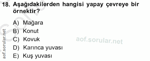 18. soru: Aşağıdakilerden hangisi yapay çevreye bir örnektir? A) Mağara orular.net B) Konut C) Kovuk D) Karınca yuvası aof. E)…