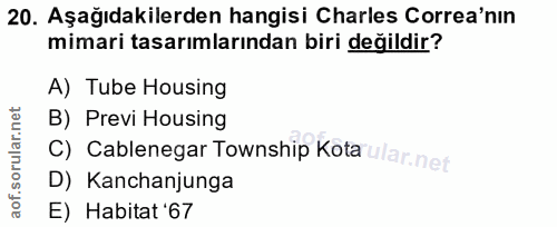 20. soru: Aşağıdakilerden hangisi Charles Correa'nin mimari tasarımlarından biri değildir? A) Tube Housing B) Previ Housing C)…
