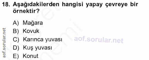 18. soru: Aşağıdakilerden hangisi yapay çevreye bir örnektir? A) Mağara B) Kovuk C) Karınca yuvası D) Kuş yuvası E) Konut