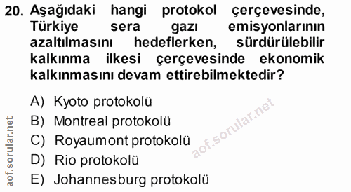 20. soru: Aşağıdaki hangi protokol çerçevesinde, Türkiye sera gazı emisyonlarının azaltılmasını hedeflerken, sürdürülebilir kal…