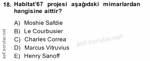 18. soru: Habitat'67 projesi aşağıdaki mimarlardan hangisine aittir? A) Moshie Safdie B) Le Courbusier C) Charles Correa D) Mar…