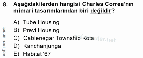 8. soru: Aşağıdakilerden hangisi Charles Correa'nın mimari tasarımlarından biri değildir? A) Tube Housing B) Previ Housing C)…