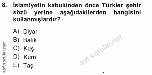 8. soru: İslamiyetin kabulünden önce Türkler şehir sözü yerine aşağıdakilerden hangisini kullanmışlardır? A) Diyar B) Balık C)…
